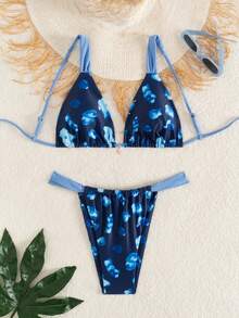 Bộ bikini 2 mảnh Suntide màu xanh hải quân và xanh nhạt in họa tiết trừu tượng, dây đeo có thể điều chỉnh, thích hợp cho kỳ nghỉ biển. - Nhiều màu - Xem 7