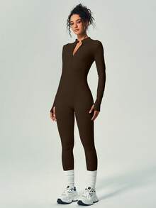 UONNOU 1 Piece Jumpsuit One-Piece Sportswear Peach Hip Lift Waist Control Abdomen Slim Leg Full Body Shaping Zipper Half-Opening Long Sleeve Thumb Hole Design Small Stand-Up Collar Suitable For Sports Skiing Cycling Gym Yoga Ball Sports Exercise Indoor And Outdoor Daily Leisure Seamless Ribbed Knitted Fabric Sportswear Autumn And Winter Style - Brown - View 7