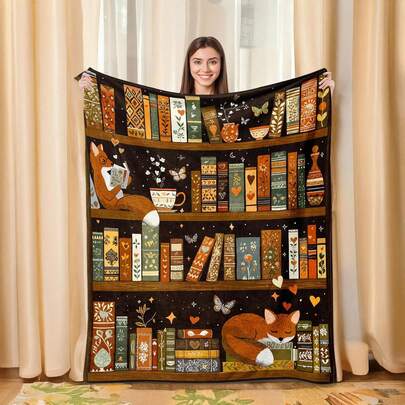Bookshelf Throw Blanket, Retro Soft Cozy And Warm Couch Blankets Bookshelf Lover, Decorative Blankets Sofa Couch Bed, Brown Black 50*60 Inches