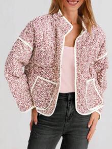 Women's Quilted Lightweight Open Front Jacket - Retro Casual | Floral Print, Contrast Trim Detail, Puff Sleeves, Patch Pockets, Relaxed Fit - Spring & Early Winter Stylish Wear - Đỏ - Xem 2