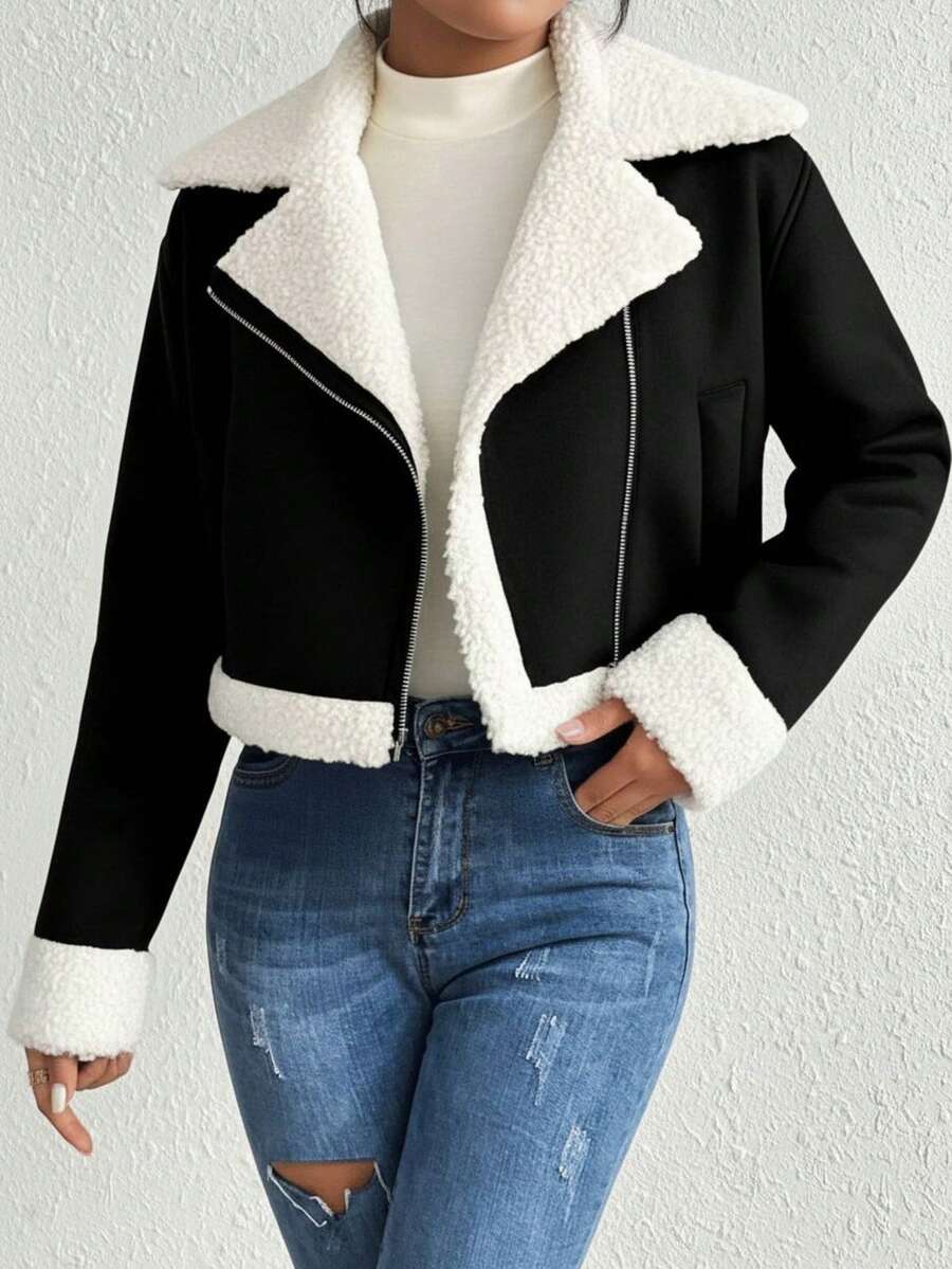 Chamarra forrada cuello camisero manga larga forrada gamuza abrigo tipo crop top - Negro - Ver 1