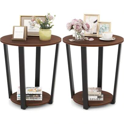 Round End Table Set Of 2, 2-Tier Side Sofa Table With Open Storage Shelf And Metal Frame, Industrial Nightstand Bedside Table For Living Room, Bedroom, Small Space, Accent Furniture