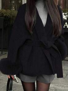 Women's New Aristocratic Style Tie-Sleeve Faux Fur Jacket, Elegant Wool-Like Fabric, Belted Waist, Slim Fit, Autumn/Winter Women's New Aristocratic Style Tie-Sleeve Faux Fur Jacket, Elegant Wool-Like Fabric, Belted Waist, Slim Fit, Autumn/Winter Women's Warm Faux Overcoat, V-Neck, Dolman Sleeves, Tie Waist, Faux Fur Cuffs, Elegant Style, Suitable For Autumn/Winter - Black - View 3