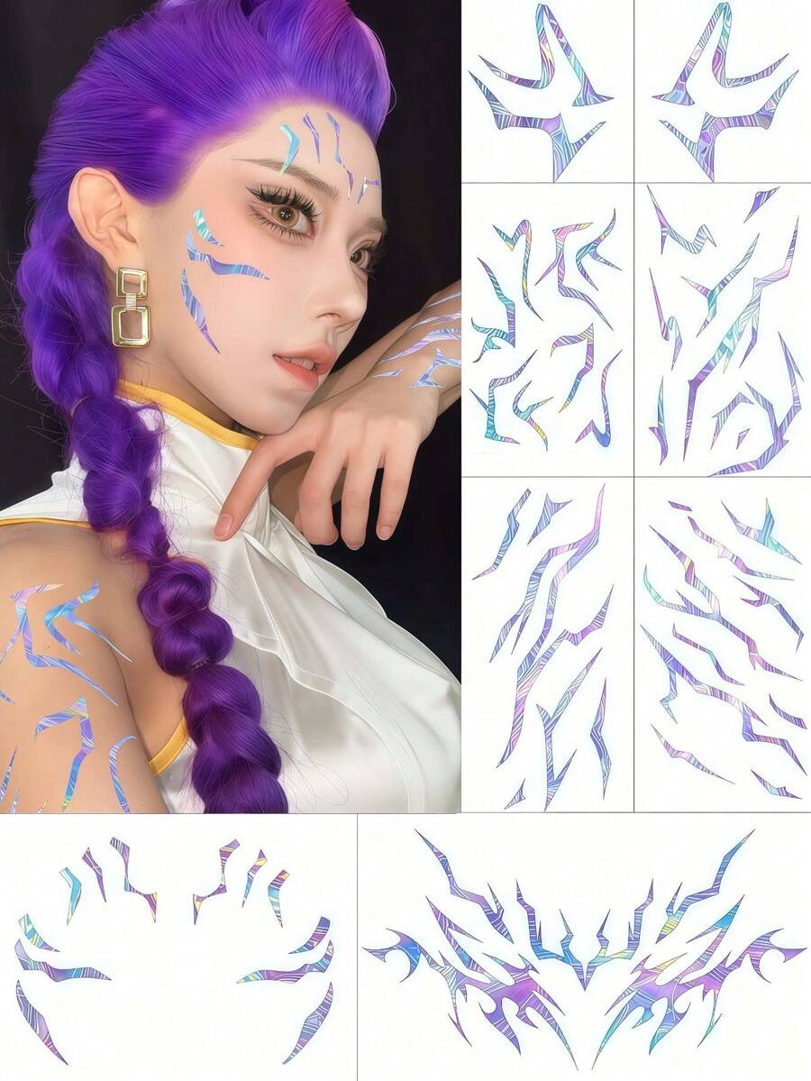 8 Sheets Kpop Tattoos Temporary Tattoos Waterproof Body Tattoos Y2K Face Stickers For Makeup Music Festival Party Favors Cosplay Costume Karneval Fasching Accessories - Multicolor - View 1