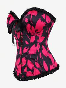 Gold Front Button Classic Ruffle Overbust Corset Bustier, Waist Cincher Top, Casual Slim Fit Bodysuit - Hot Pink - View 7