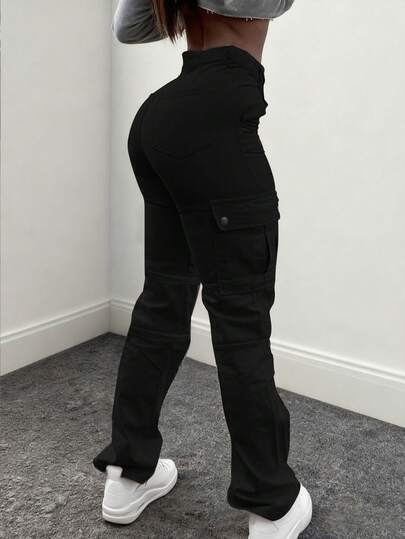 NVFelix Side Flap Pocket Cargo Pants Women Multi-Pocket Design Outdoor Casual Style Winter Wear Black Thanksgiving New Year