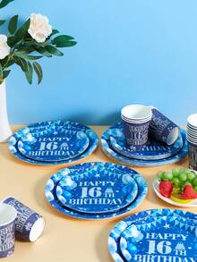 16th Birthday Blue Background Disposable Plates And Cups, Party Supplies Suitable For 25 Guests, Disposable Paper Plates And Cups For Birthday, Wedding, Party, Family Picnic - Multicolor - View 4