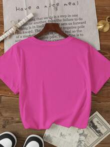 T-shirt à col rond avec imprimé "For Karma" pour femmes grande taille - t-shirt décontracté à manches courtes, élastique, lavable en machine, confortable toute saison, convient pour un usage quotidien, tissu opaque | Design ludique - Rose vif - Voir 2