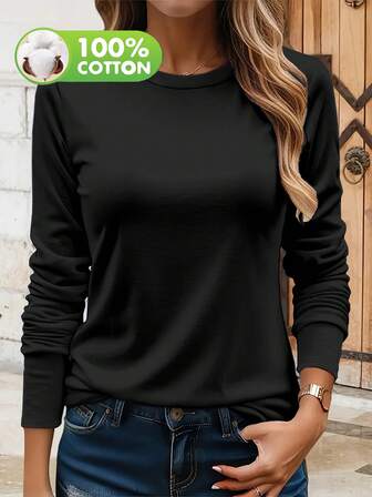 Women's 100% Cotton Solid Color Long Sleeve Casual Crew Neck T-Shirt, Winter