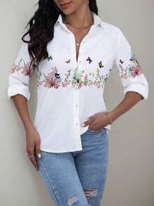 Petite Women Loose Casual Long Sleeve Shirt - White - View 4