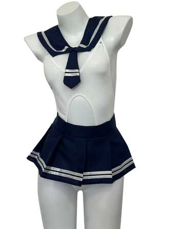 1pc Women Blue & White Cosplay Costume Set, Sexy Hollow Neck Jumpsuit, Suitable For Couples Roleplay
