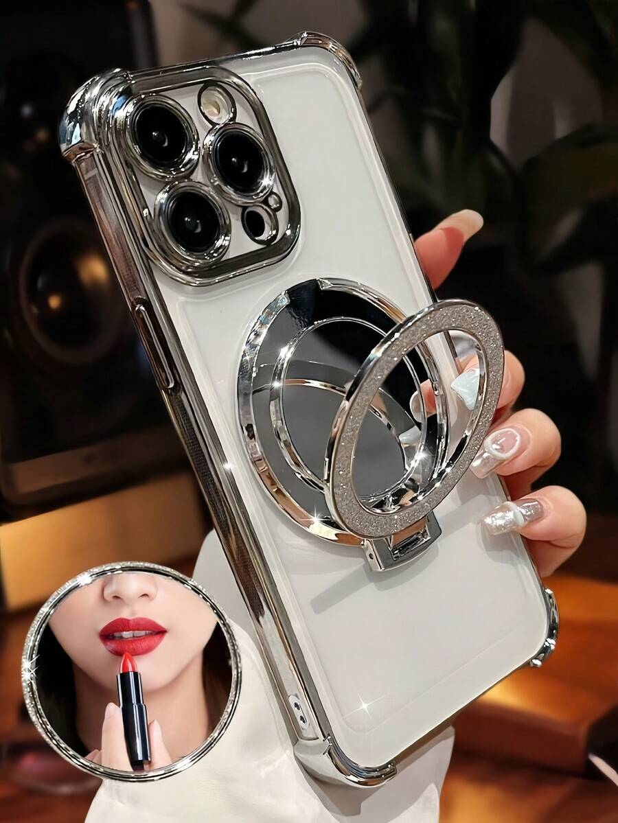 Luxury Electroplated Clear Phone Case With Makeup Mirror Stand, Ring Magnetic Stand Holder, Drop-Resistant, Anti-Drop,Silicone Shockproof Soft Cover Compatible With IPhone 16/16e/16 Pro/16 Pro Max/16 Plus/15/14/13/12/11/X/XS/XR/8/7, Galaxy S25/S24/S23/S22/S21/A55/A54/A53/A52/A35/A34/A23/A16/A15/A14/A13/A12/A05S/FE/Ultra/4G/5G, And For Redmi/Honor/MOTO/OPPO/Infinix