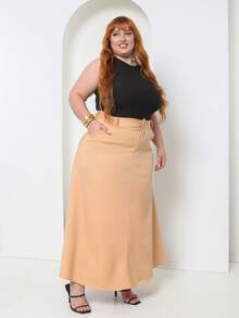 Plus Size Tailored Flared Skirt - Beige - View 9