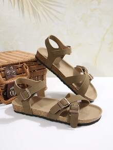 Teenagers' Summer Soft Cork Bottom Stable Foot Protection Roman Sandals, Teenagers' Sandals Retro Buckle Design Khaki Faux Suede Round Toe Criss-Cross Strap Teenagers' Flat Sandals, Casual Versatile Suitable For Daily Casual, Beach, Holiday Wear - Khaki - View 5