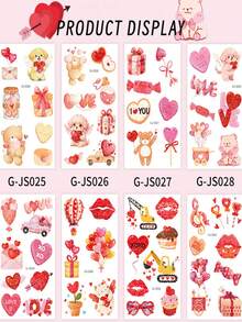 12 arkuszy tymczasowych tatuaży na walentynki, na ciało, dłoń, twarz, słodkie serduszka, naklejki na tatuaż na walentynki, materiały na naklejki ślubne - wzór ust/serca/pudełka na prezent/ciasto/cukierki/niedźwiedzia/psa/królika/kota, urocze naklejki z tatuażami na walentynki - Wielokolorowe - Zobacz 4