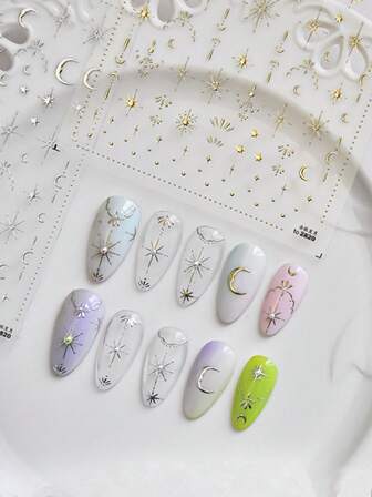 1 Sheet 3D Metallic Gold Silver Star Moon Nail Sticker Embossed Celestial Cloud Nail Art Decal DIY Manicure Decoration