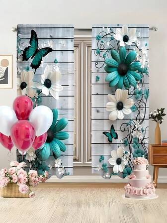 2片装雏菊农舍半透明窗帘 - 涤纶花卉蝴蝶图案，蓝绿色和白色乡村风格卧室和家居装饰背景，可机洗，客厅窗帘