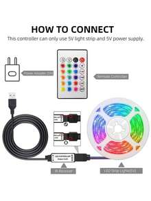 RGB LED灯带，5V USB供电，带24键遥控器 – 可变色氛围灯，适用于卧室、电视背光、游戏室和万圣节/圣诞节装饰 – [可选长度：3英尺至131英尺]