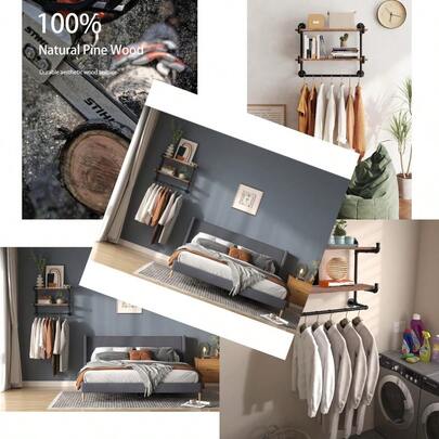 30in Industrial Pipe Clothing Rack2-Tier Wall Mounted Clothes Rack Pipe Clothing Rack With Shelf Wall Hangers For Clothes For Bedroom Laundry Living Room Retail Store