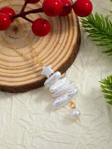 1 Stück modischer Weihnachtsbaum Anhänger Halskette, Künstliche Barock Perle Weihnachtsbaum Anhänger Halskette, Weihnachtsgeschenk Schmuck für Frauen, geeignet für Weihnachten, Alltag Outfit im Winter - Weiss - Übersicht 6