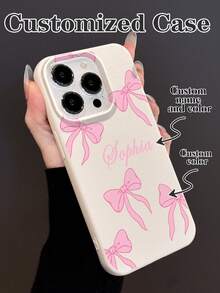 Customized Cute Bow Design Phone Case, Available In Multiple Colors, Customizable Text/Signature, Suitable For IPhone 11, 12, 13, 14, 15, 16, 17 Pro Max