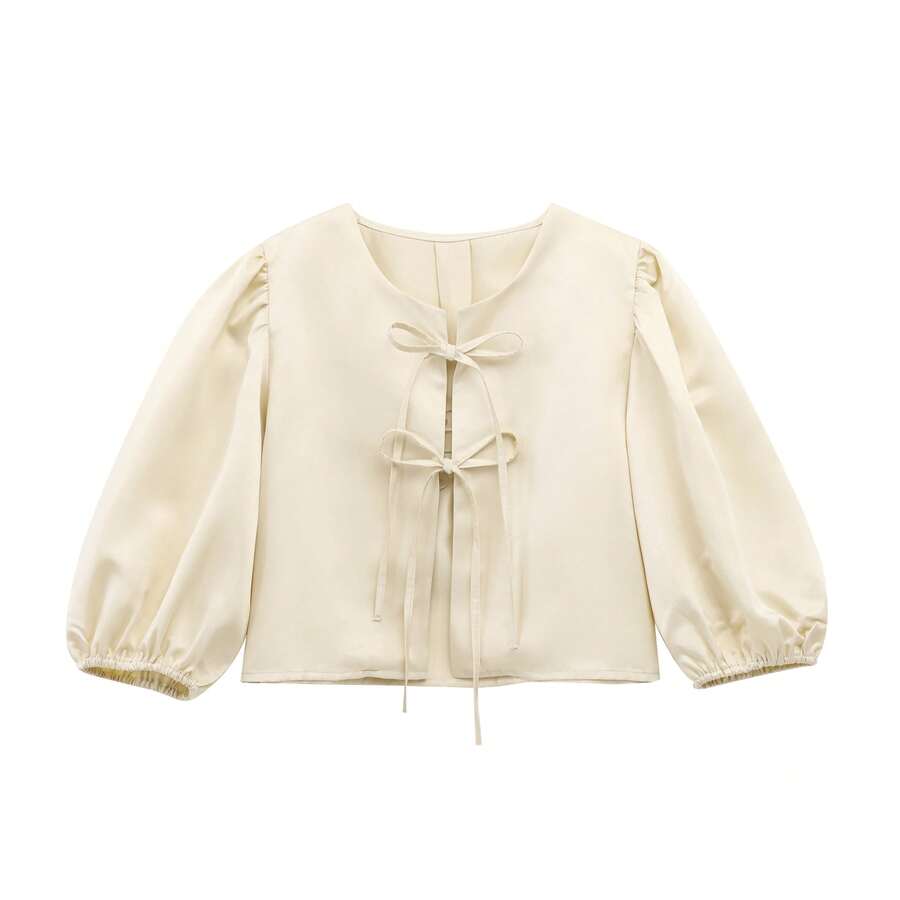 Braided Bow Strap Cute Commuter Lantern Sleeve Women's Top - Champagne - View 1