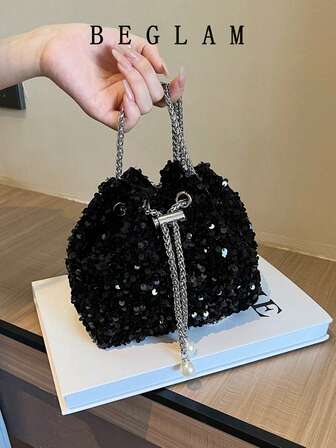 1 pieza Bolso balde con cierre de cordón, decorado con lentejuelas de PVC, perlas falsas y metálico, con correa para el hombro y bandolera, estuche para lápiz labial, bolso de regalo de moda adecuado para mujeres para fiesta/noche, bolsos para eventos, perfecto para fiesta, boda, baile de graduación, cena/banquete