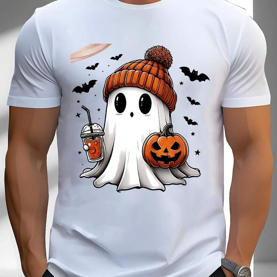 2026 New  Men's T-Shirt Black Short Sleeve T-Shirt With Halloween Ghost Print With Hat And Pumpkin For Daily Wear, Theme Parties And Autumn Season. Comfortable And Versatile Everyday Outfits - 白色 - 查看 1