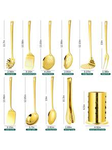 11pcs Stainless Steel Kitchen Wall-Mounted Utensil Set, With Storage Bucket To Save Space, Includes Spoon, Spatula, Ladle, Tongs, Meat Fork, Potato Masher, Whisk, Cooking & Baking Tools, Suitable For Home Kitchen & Dining - Gold - View 2