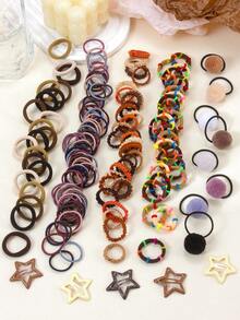 826件套米色蓬松女孩发饰套装，包括兔毛发夹、花朵绒球发圈、纯色蝴蝶结、Y2K星形BB夹、高弹蕾丝发圈、毛巾环和TPU弹力带，适合日常佩戴和派对场合。 - 彩色 - 查看 9