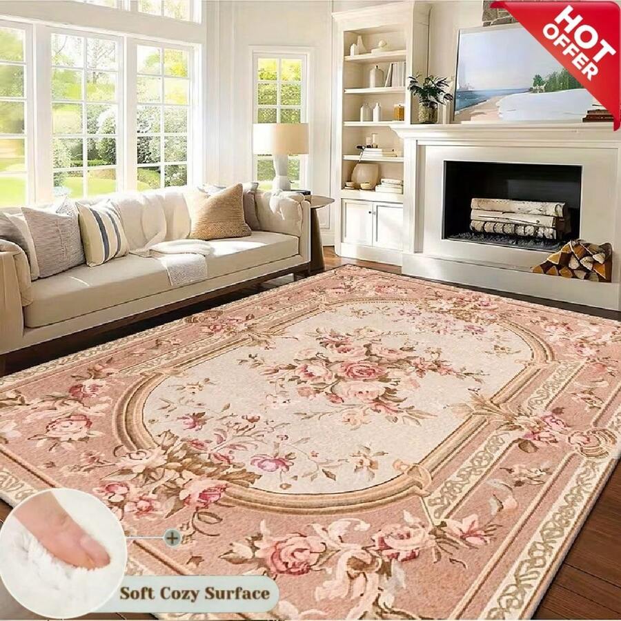 1pc Vintage Persian Floral Pattern Area Rug - Pink & Beige, High-End Thick Plush Large Size Carpet, Made Of High-Density Premium Material, Machine Washable, Easy Maintenance Bathrooom Decor