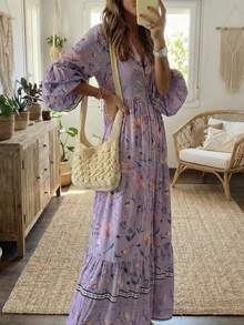 女士优雅印花长连衣裙，褶裥长裙设计，适合约会、日常穿着、旅行，纽扣下摆，长袖，通体印花，修身剪裁 - 紫色 - 查看 5