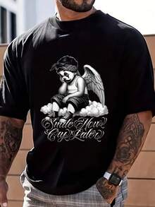 Men'S & Women'S 100% Chola Chicano Angel Graphic T-Shirt - Smile Now Cry Later Streetwear Tee With La Calle 13 Design, Soft Breathable Round Neck Loos - Black - View 1