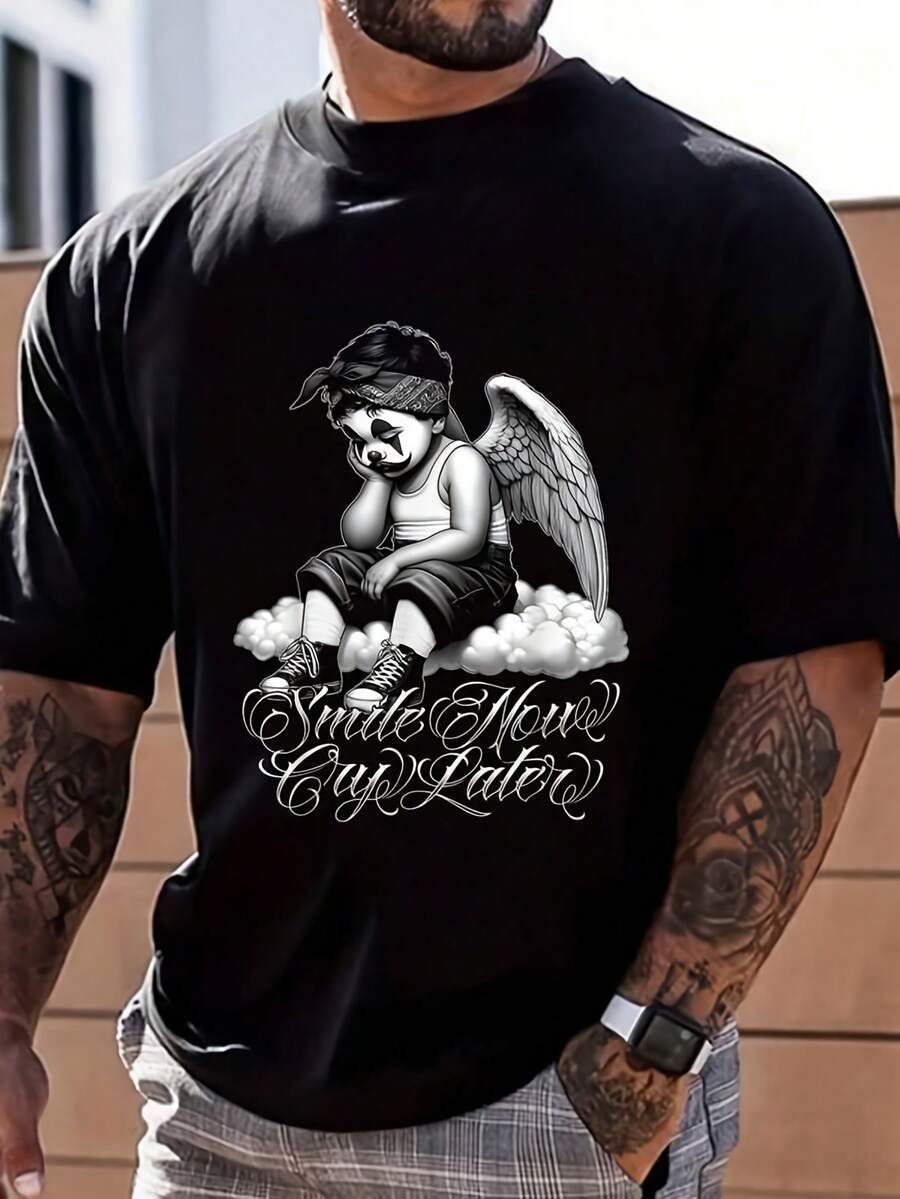 Men'S & Women'S 100% Chola Chicano Angel Graphic T-Shirt - Smile Now Cry Later Streetwear Tee With La Calle 13 Design, Soft Breathable Round Neck Loos - Black - View 1