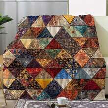 Vintage Patchwork Quilt Flannel Throw Blanket |   AllSeason Bedspread With Multicolor Geometric Patchwork, Brown/Green/Red, 59"X78.7" Large Cozy Blanket For Bed, Camping, Travel, Retro Bedding Acc - 混合 - 查看 7