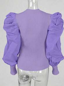 圆领修身泡泡袖拼接女装 - 紫色 - 查看 4