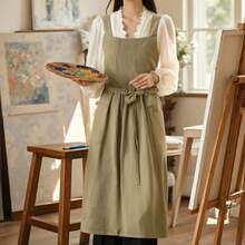 1件女士亚麻围裙，腰部可调节，轻便柔软的棉混纺围裙，带口袋，适合园艺活动