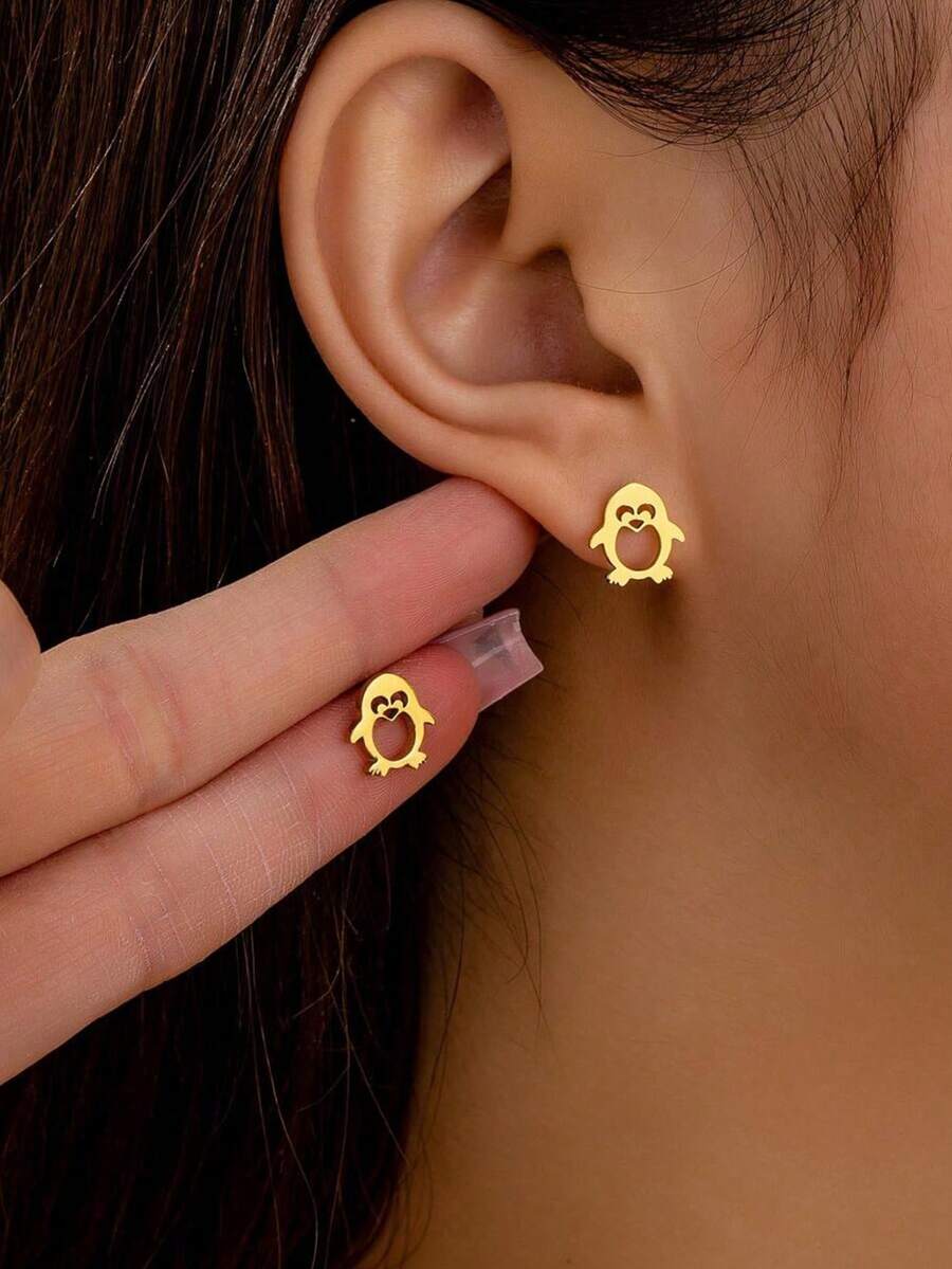 1 Pasang Anting Tusuk Wanita Bergaya dari Baja Antikarat Bentuk Penguin, Anting Tusuk Wanita yang Lucu - GED380 - View 1