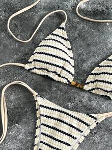 Bộ đồ bơi crop top và chân váy tối giản, gợi cảm và thời trang dành cho nữ, đi biển, du lịch, hẹn hò, chất liệu vải đặc biệt, đính cườm, họa tiết sọc, hàng mới về mùa xuân/hè - Nhiều màu - Xem 4