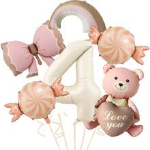 1 Set de decoraciones con globos de aluminio con diseños de oso de peluche, corazón, caramelo, moño y arcoíris para fiesta de cumpleaños, decoración del hogar - Multicolor - Ver 7