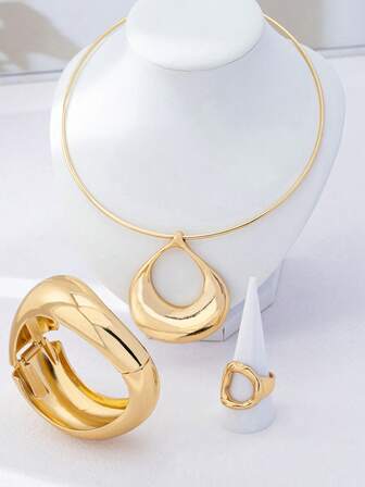 一套合金几何手链、戒指、项链首饰套装，时尚配饰，女士礼物