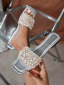 Women's Elegant Basic PU(Polyurethane) Rhinestone Slip-On Slippers, Party & Summer New Arrival