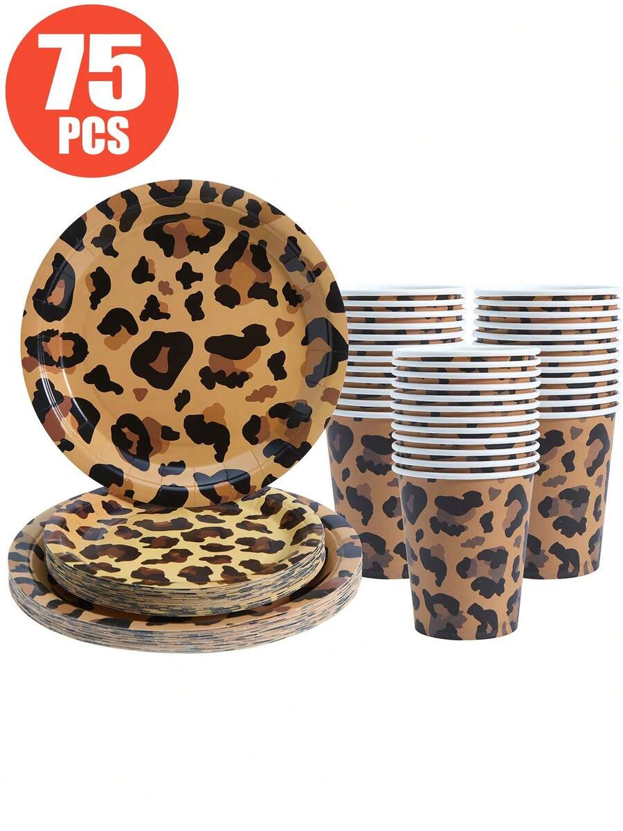 75/25/10pcs Brown Leopard Print Disposable Plates And Paper Cups, Party Supplies For 25 Guests, Disposable Paper Plates Party Tableware Suitable For Birthday, Wedding, Party, Family Picnic - Multicolor - View 1