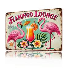 Arte de parede vintage plana 2D com flamingo - Elegância tropical. Placa de metal impressa em 2D, 20 x 30 cm - Design retrô de flamingo rosa e bar tiki com folhas de palmeira e flores de hibisco - Perfeita para decoração de casa, escritório, bar, café e garagem - Uso interno/externo, decoração com flamingo, ótima para decoração de ambientes, furos pré-perfurados, estilo conforme mostrado na imagem. - Multicolorido - Ver 3