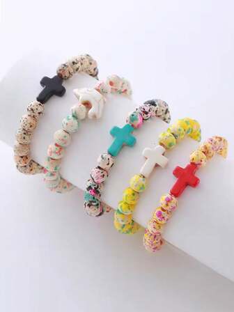 5Pcs Cross Colorful Imitation Pine Stone Wooden Bracelet For Men, Valentine's Day Gift