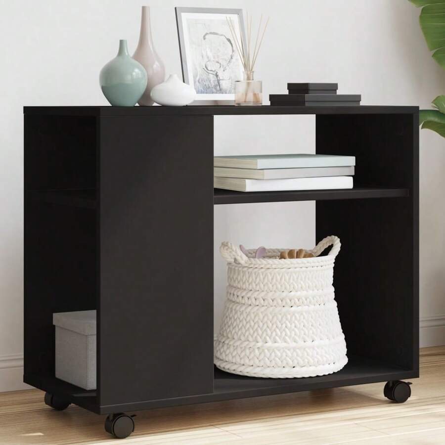 Side Table With Wheels Black 70x35x60 Cm Engineered Wood - Black - View 1