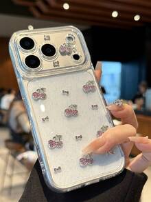Korean Style Glitter Resin 3D Cherry Phone Case Compatible With Apple 17 Pro Max, 16 Pro Max, 15 Plus, 17, 14 Pro, 13, 16 - Transparent & Cute Design - Clear - View 3