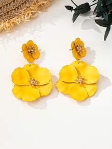 1 Cặp bông tai thời trang mới sơn kim loại hoa tối giản thanh lịch dành cho nữ, bông tai dạng lủng lẳng hoa lãng mạn, bông tai hoa sáng tạo dành cho nữ - Màu vàng - Xem 3