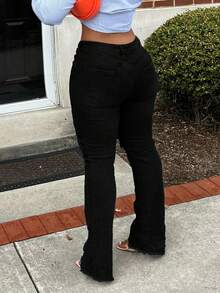 Versatile Washed Distressed Pocket Flare Jeans For Women, Suitable For Commuting, Casual Vacation, And Dating - Black - View 3