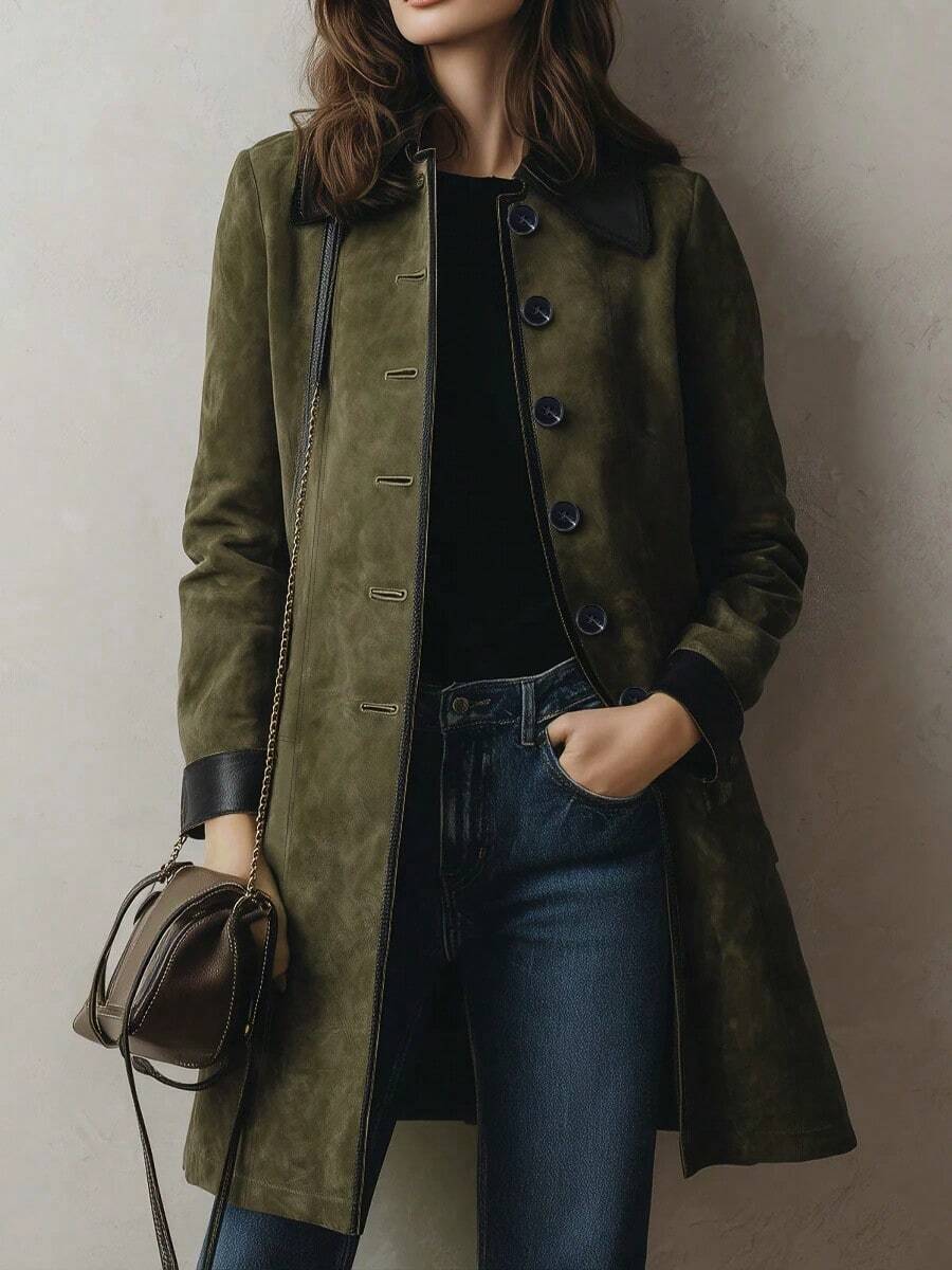 女士优雅简约棕色单排扣拼接翻领长袖修身中长款外套，适合通勤、春秋季穿着 - 棕色 - 查看 1